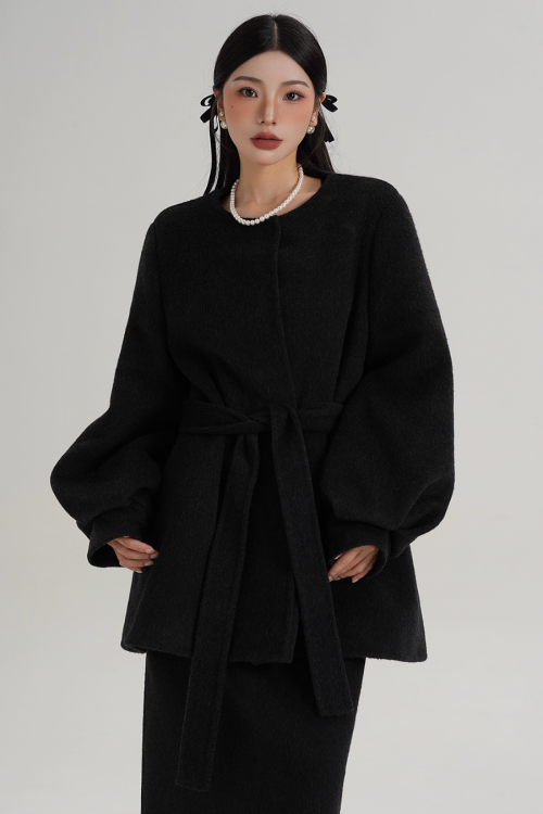 Collarless Belt Coat