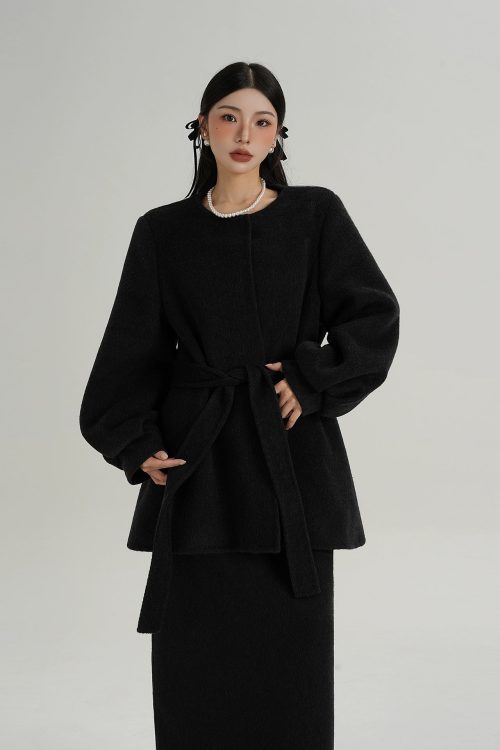 Collarless Belt Coat