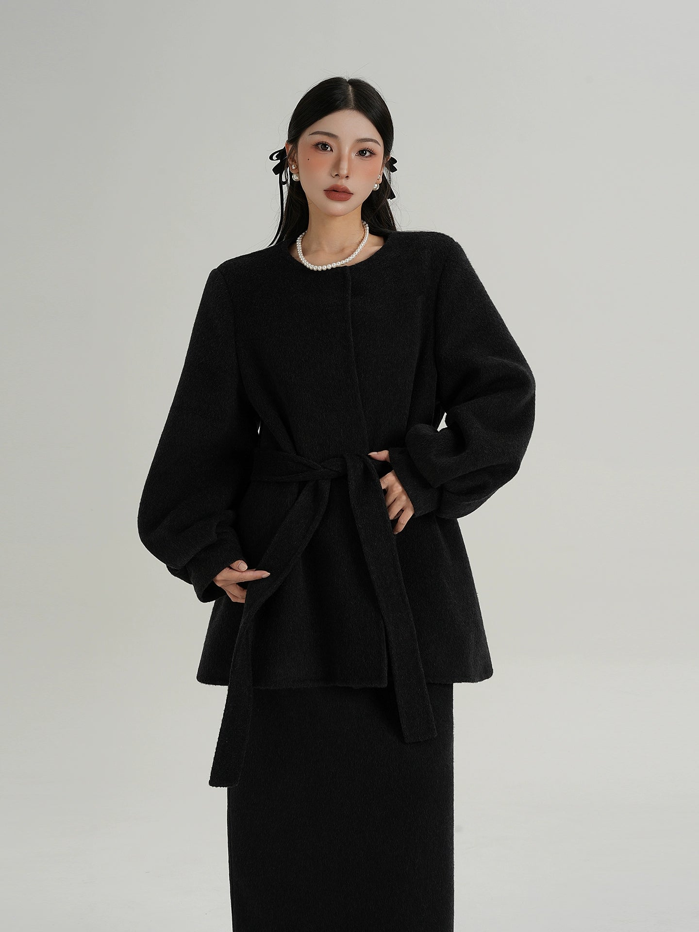 Collarless Belt Coat Collarless Belt Coat
