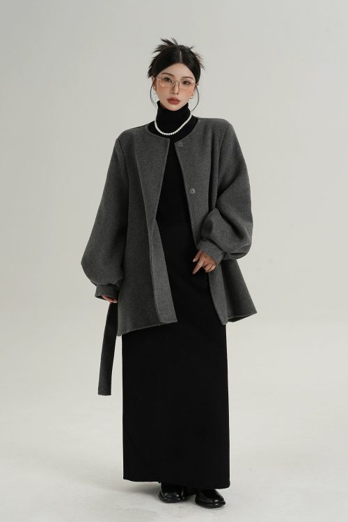 Collarless Belt Coat