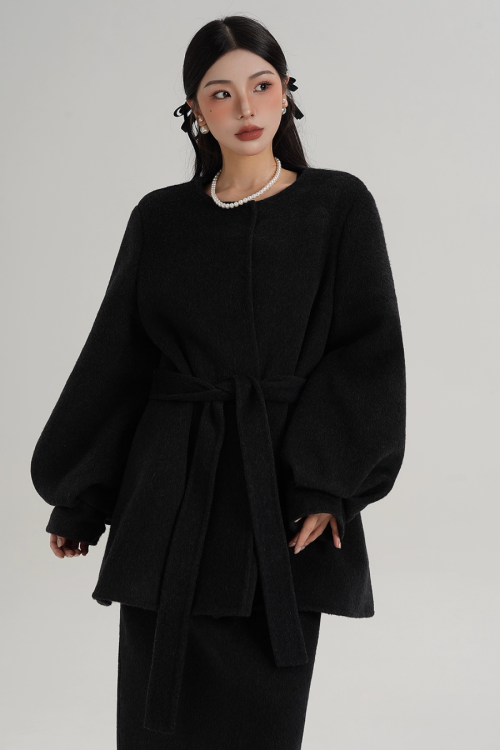 Collarless Belt Coat
