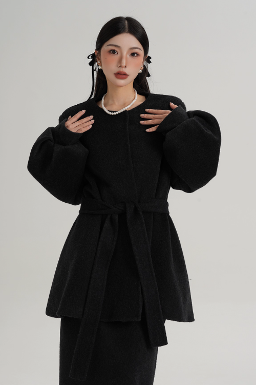 Collarless Belt Coat