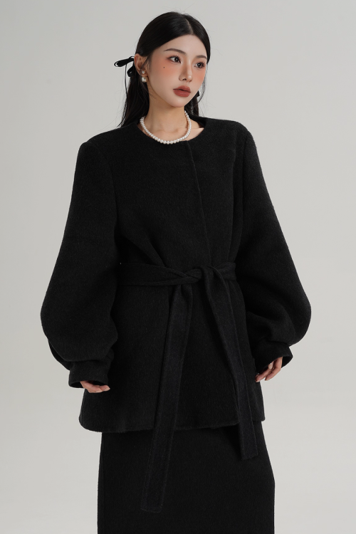 Collarless Belt Coat