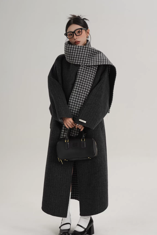 Collarless Coat with Checkered Scarf