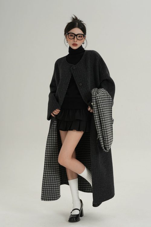 Collarless Coat with Checkered Scarf
