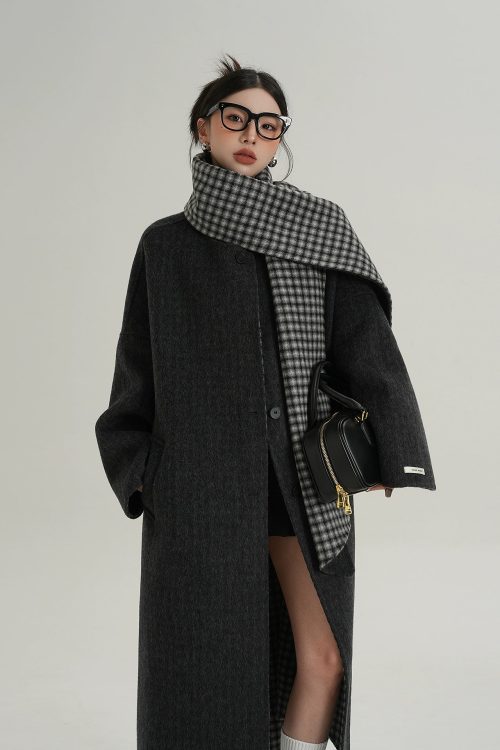 Collarless Coat with Checkered Scarf