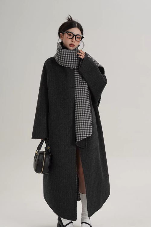 Collarless Coat with Checkered Scarf