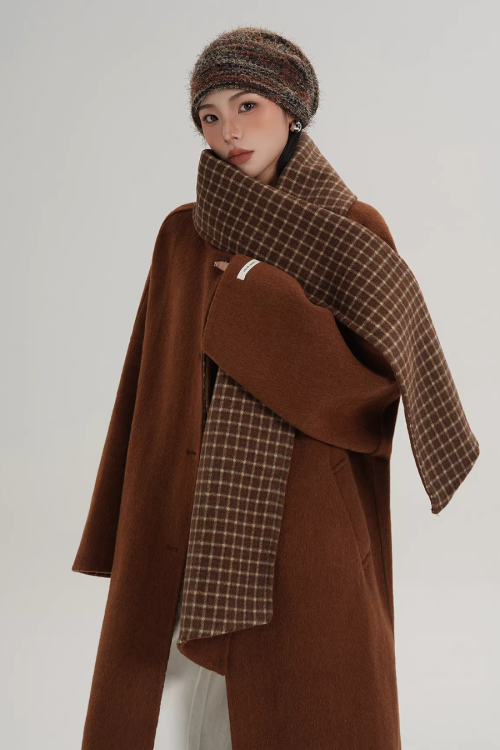 Collarless Coat with Checkered Scarf