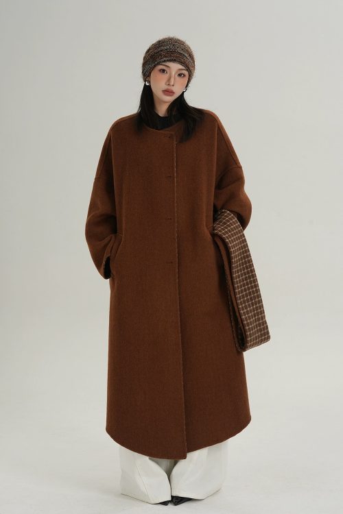 Collarless Coat with Checkered Scarf