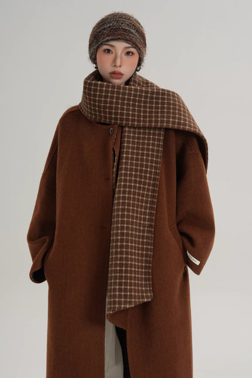Collarless Coat with Checkered Scarf