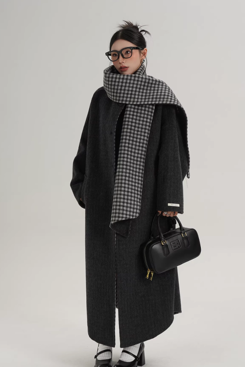 Collarless Coat with Checkered Scarf