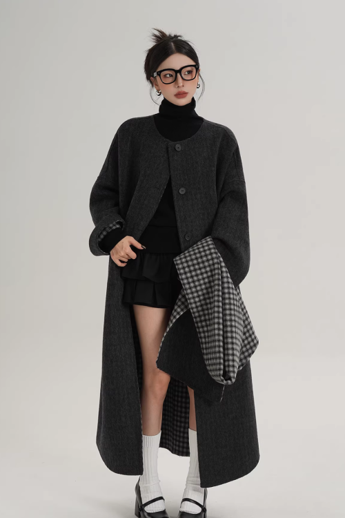 Collarless Coat with Checkered Scarf