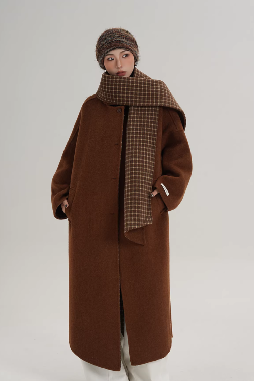 Collarless Coat with Checkered Scarf