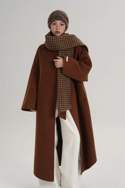 Collarless Coat with Checkered Scarf