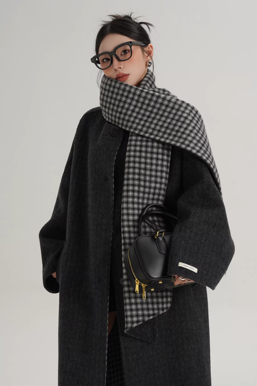 Collarless Coat with Checkered Scarf