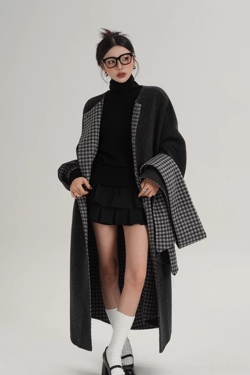 Collarless Coat with Checkered Scarf