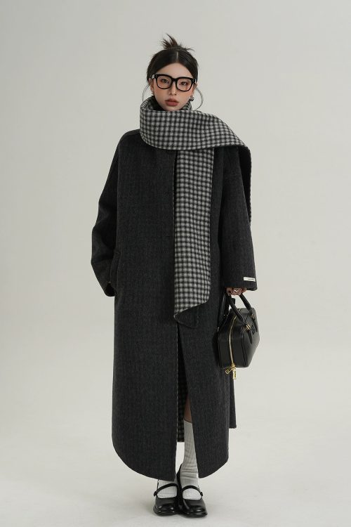 Collarless Coat with Checkered Scarf