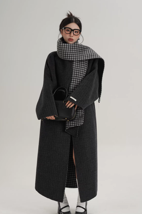 Collarless Coat with Checkered Scarf
