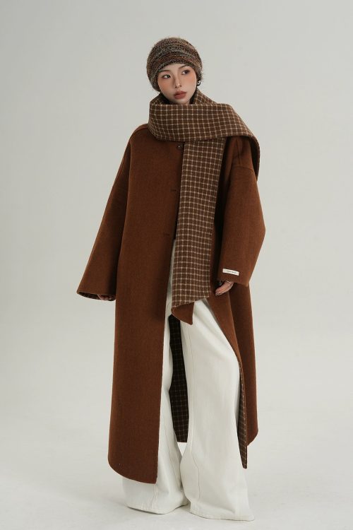 Collarless Coat with Checkered Scarf