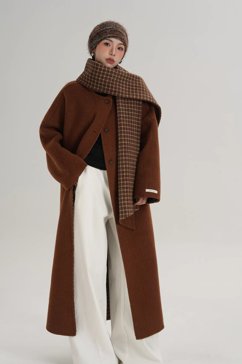 Collarless Coat with Checkered Scarf