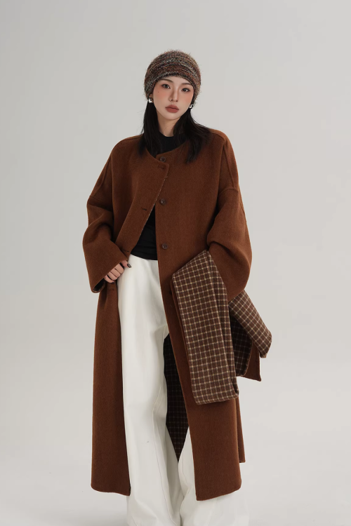 Collarless Coat with Checkered Scarf