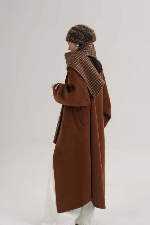 Collarless Coat with Checkered Scarf
