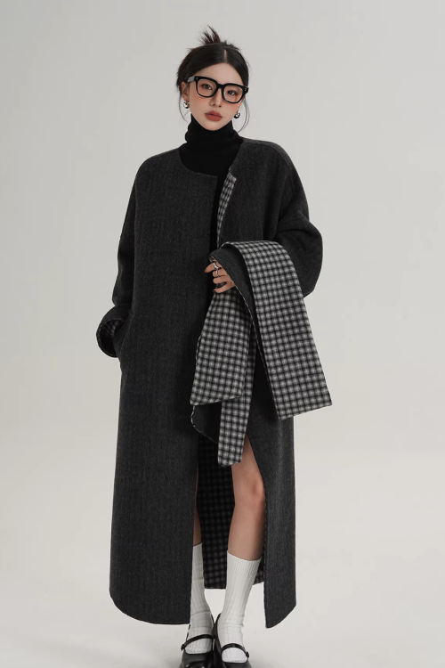 Collarless Coat with Checkered Scarf