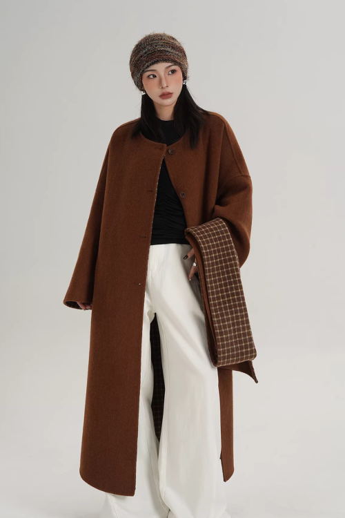 Collarless Coat with Checkered Scarf