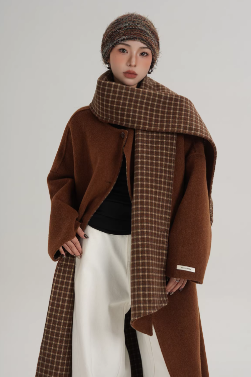 Collarless Coat with Checkered Scarf