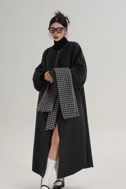 Collarless Coat with Checkered Scarf