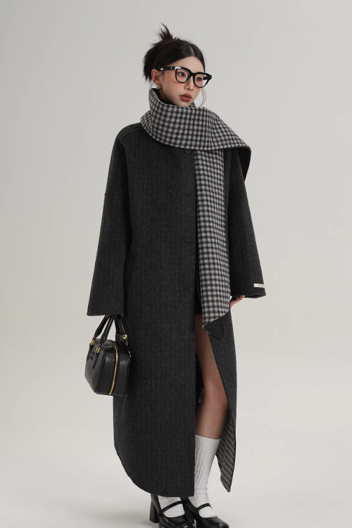 Collarless Coat with Checkered Scarf