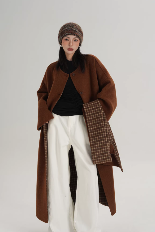 Collarless Coat with Checkered Scarf