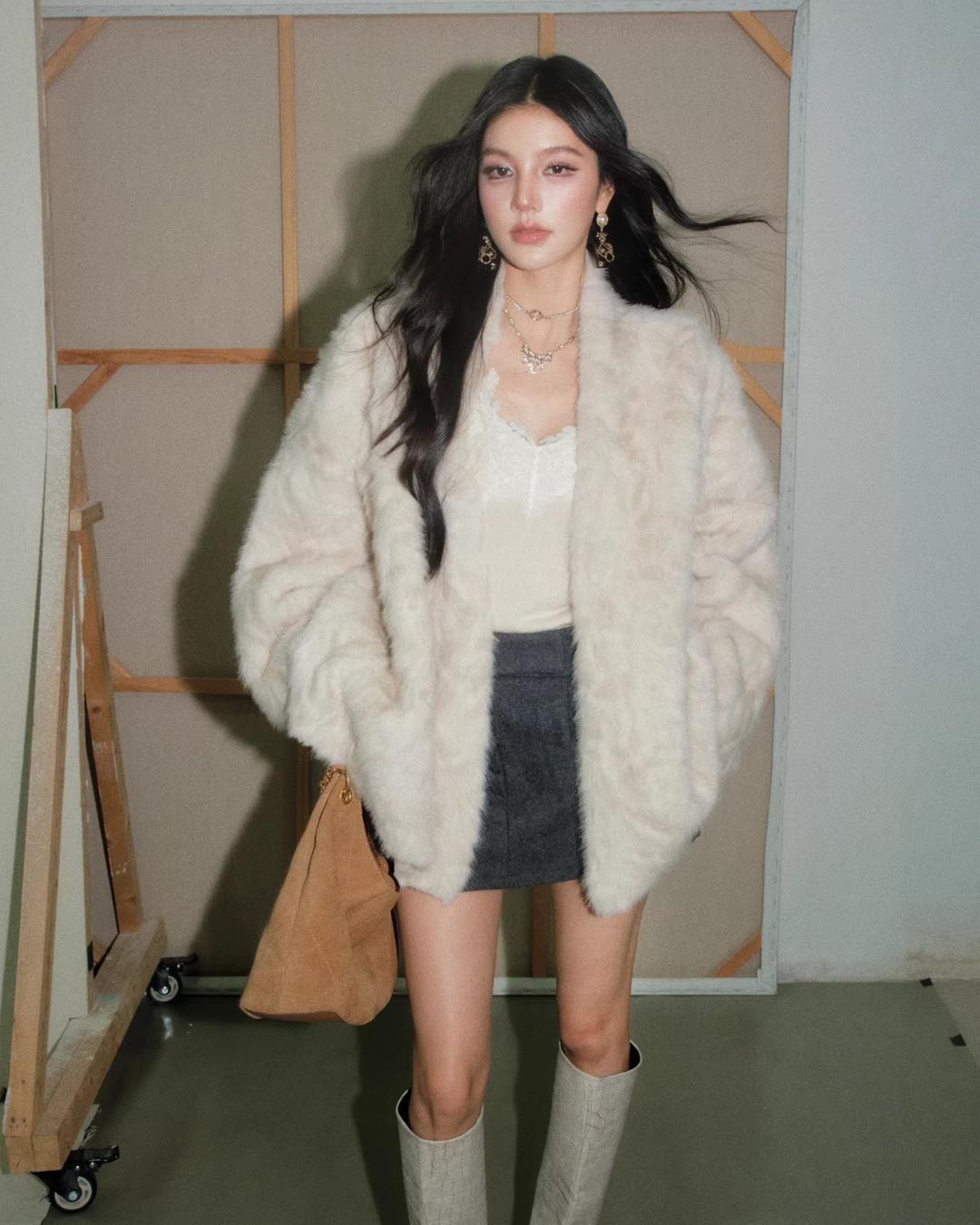 Collarless Fur Coat / Mini Skirt Collarless Fur Coat / Mini Skirt
