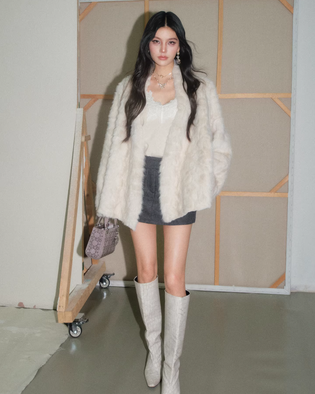 Collarless Fur Coat / Mini Skirt Collarless Fur Coat / Mini Skirt