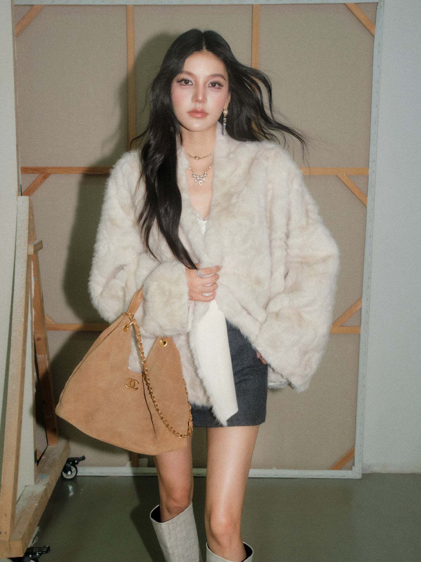 Collarless Fur Coat / Mini Skirt Collarless Fur Coat / Mini Skirt
