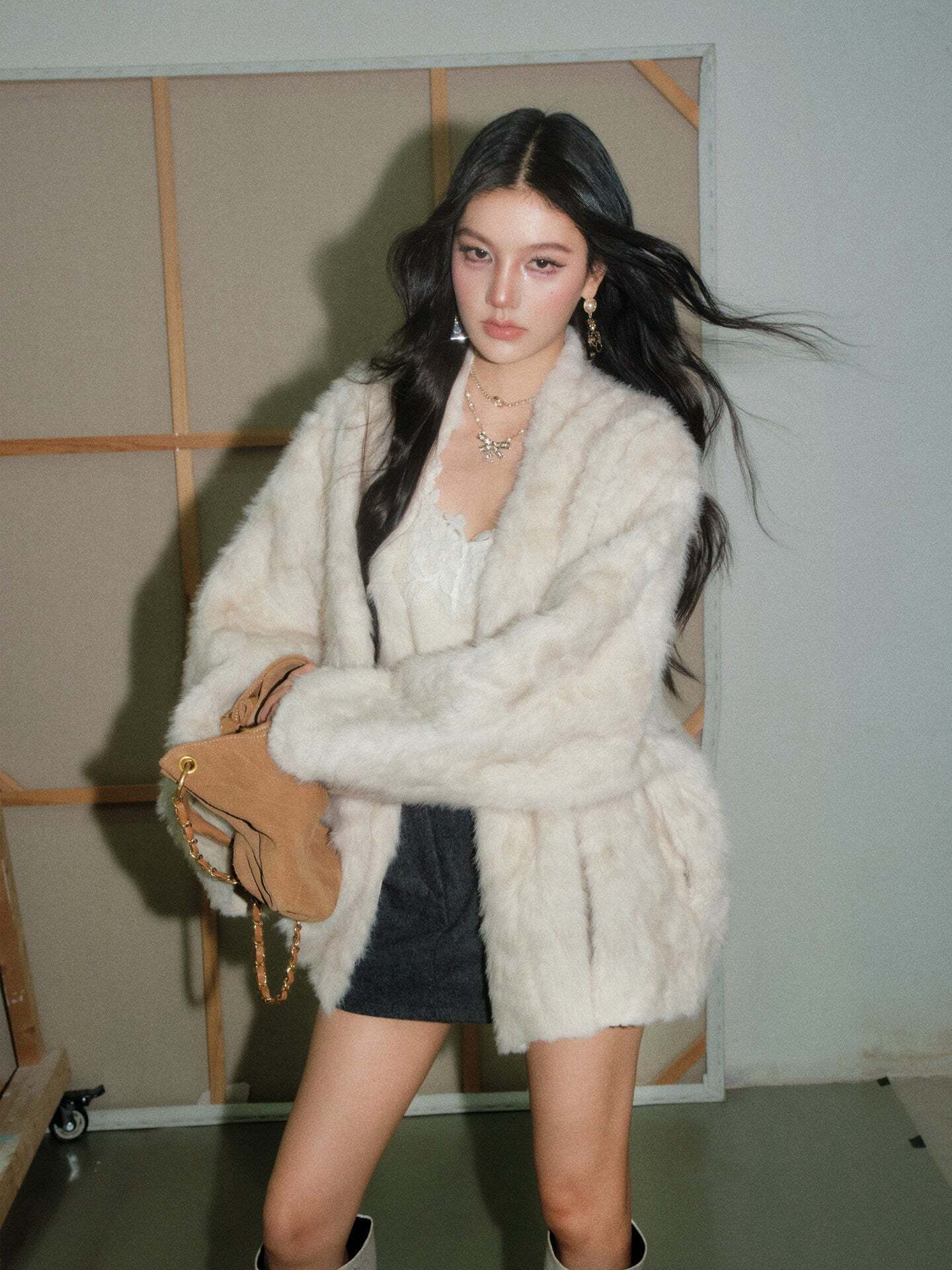 Collarless Fur Coat / Mini Skirt Collarless Fur Coat / Mini Skirt