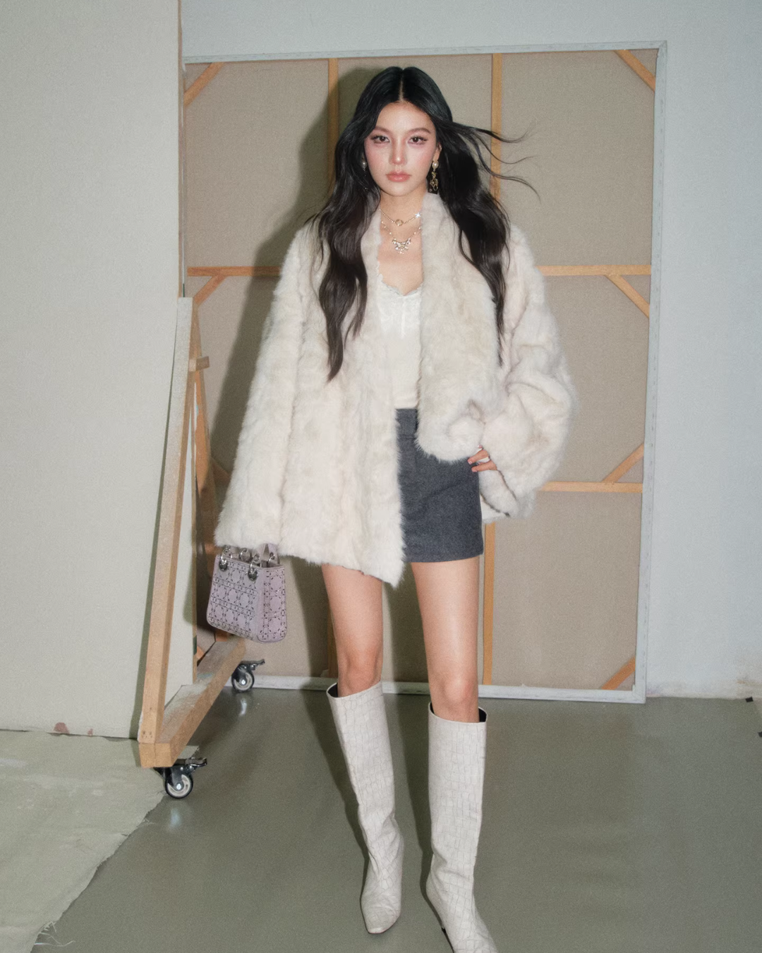 Collarless Fur Coat / Mini Skirt Collarless Fur Coat / Mini Skirt