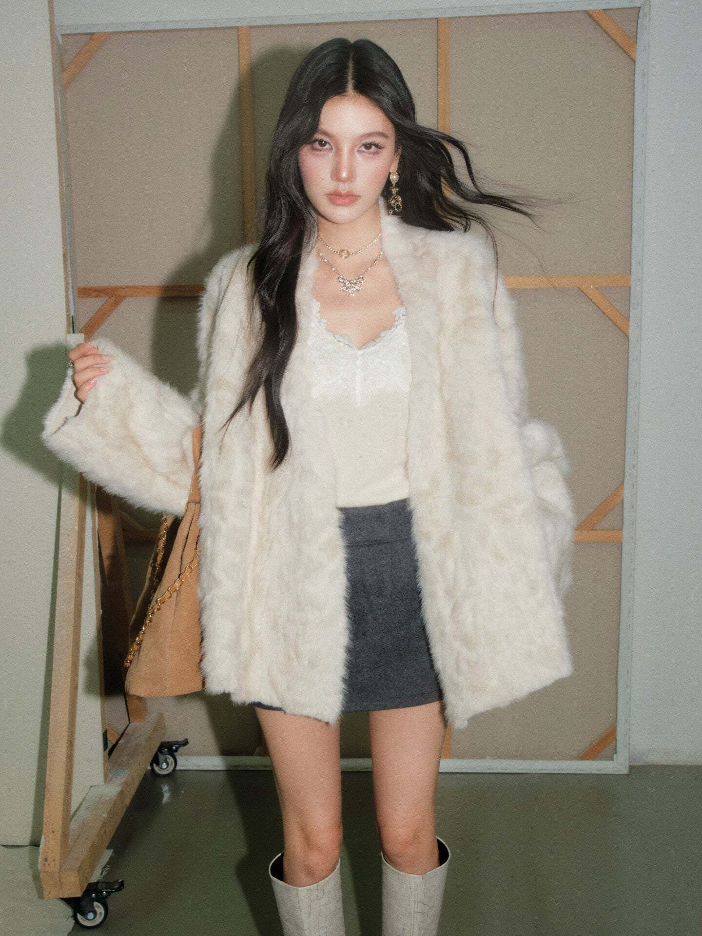 Collarless Fur Coat / Mini Skirt Collarless Fur Coat / Mini Skirt