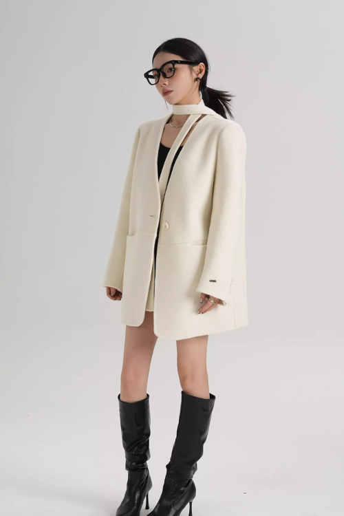 Collarless Wool Coat with Choker