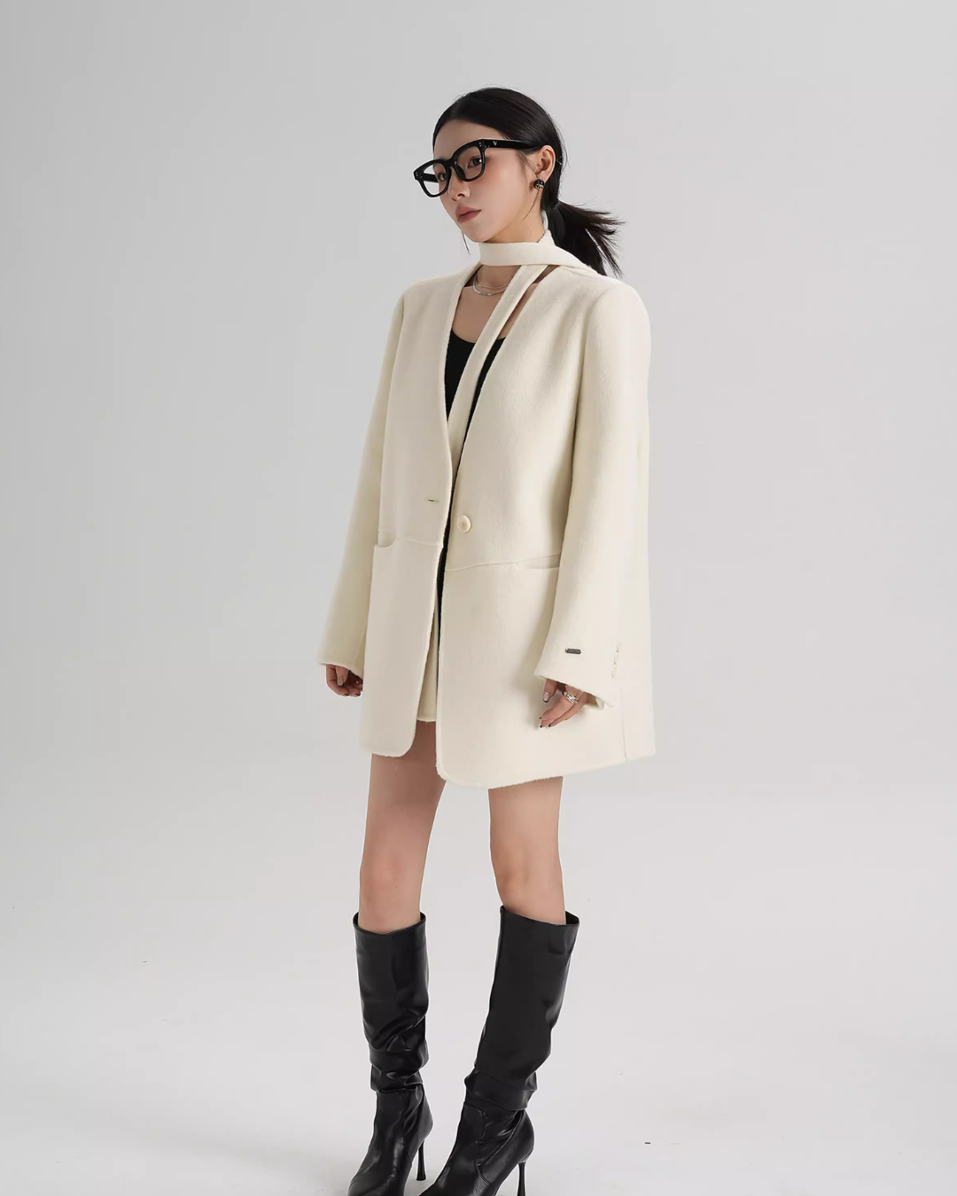 Collarless Wool Coat with Choker Collarless Wool Coat with Choker