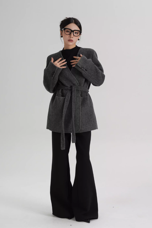 Collarless Wool Coat with Choker