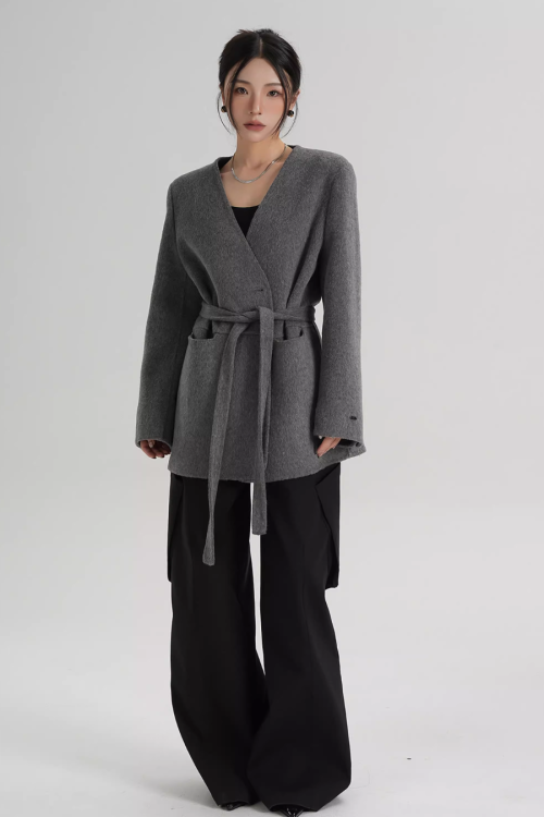 Collarless Wool Coat with Choker