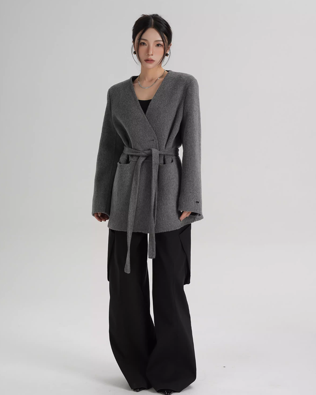 Collarless Wool Coat with Choker Collarless Wool Coat with Choker