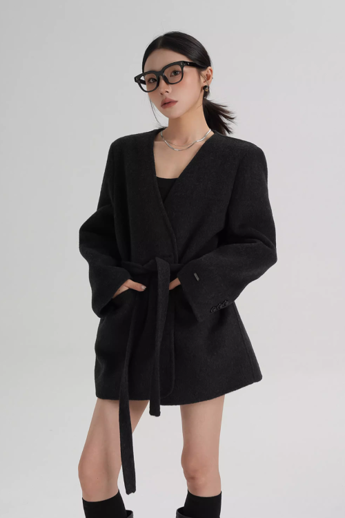 Collarless Wool Coat with Choker