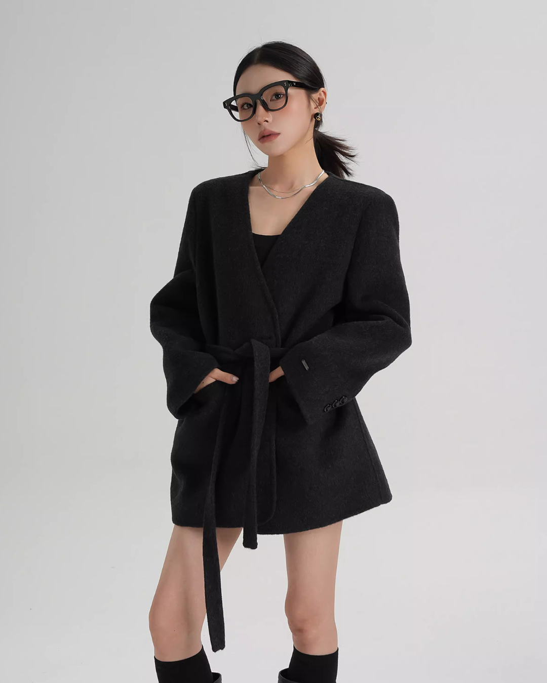 Collarless Wool Coat with Choker Collarless Wool Coat with Choker