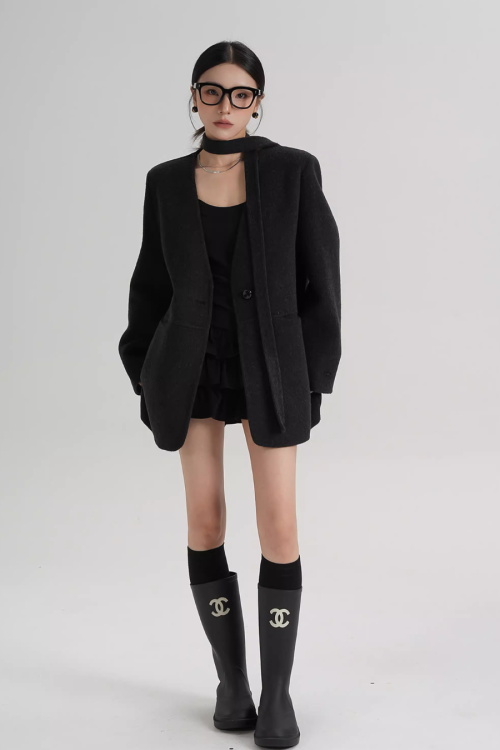 Collarless Wool Coat with Choker