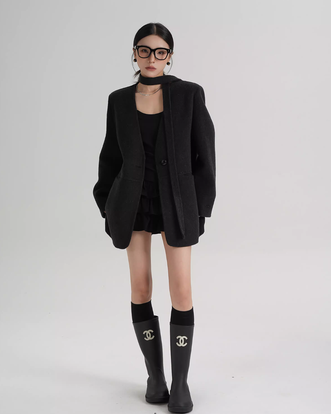 Collarless Wool Coat with Choker Collarless Wool Coat with Choker