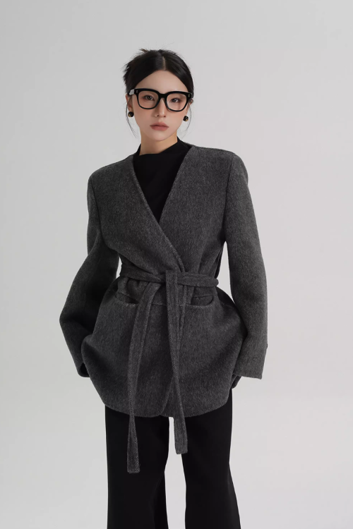 Collarless Wool Coat with Choker