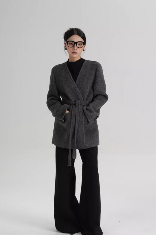 Collarless Wool Coat with Choker