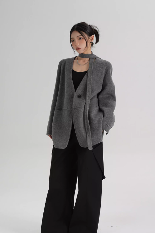 Collarless Wool Coat with Choker
